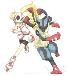  bad_id bad_pixiv_id bare_shoulders bicycle_helmet bike_shorts blonde_hair female fingerless_gloves gloves helmet ito_(itokayu) korrina_(pokemon) long_hair lucario mega_lucario mega_pokemon open_mouth pokemon pokemon_(creature) pokemon_xy ponytail roller_skates skates 