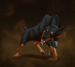  2016 absurd_res ambiguous_gender angry ascar_angainor black_body black_fur black_nose brown_body brown_eyes brown_fur canid canine canis claws collar cybernetics digital_media_(artwork) digitigrade dobermann domestic_dog dust fangs feet feral foreshortening full-length_portrait fur hi_res hindpaw looking_at_viewer machine male mammal nude open_mouth paws pinscher portrait prosthetic quadruped sharp_teeth simple_background snarling solo teeth toes tongue yellow_eyes 