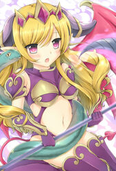  blonde_hair blush commentary_request demon_wings female headdress horns lilith_(p&amp;d) long_hair natsume_kei navel oerba_yun_fang open_mouth pointy_ears puzzle_&amp;_dragons red_eyes scythe snake wavy_hair wings 