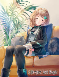  alca_uniform black_footwear black_jacket black_necktie black_thighhighs book boots braid brown_hair closed_eyes clover clover_hair_ornament commentary_request copyright_name couch cushion female four-leaf_clover four-leaf_clover_hair_ornament hair_ornament hand_on_own_thigh indoors jacket knees_together_feet_apart leaning_to_the_side long_hair luck_&amp;_logic nanahoshi_yukari necktie official_art open_book open_mouth pencil photoshop_(medium) pillow plant side_braid single_braid sitting sleeping sleeping_upright solo sunlight tamaki_mitsune thighhighs thighlet watermark 