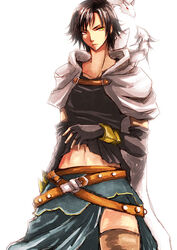  1boy animal animal_on_shoulder belt black_hair boots capelet commentary_request crossdressing dragon&#039;s_dogma dragon&#039;s_dogma_(series) elbow_gloves fingerless_gloves ga-ryuu gloves heterochromia male_focus multiple_belts navel pawn_(dragon&#039;s_dogma) red_eyes side_slit skirt solo thigh_boots thighhighs yellow_eyes 