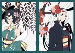  2girls anchor animal_ears azur_lane black_gloves black_hair blue_eyes blue_kimono branch breasts cherry_blossoms closed_mouth commentary_request flower fur_trim glasses gloves green_kimono hair_flower hair_ornament hanafuda hiryuu_(azur_lane) jacket japanese_clothes kimono long_hair long_sleeves medium_breasts mugino_kouji multiple_girls obi official_alternate_costume ponytail rabbit_ears sash sideboob sleeveless sleeveless_kimono souryuu_(azur_lane) souryuu_(the_crane_amidst_the_pines)_(azur_lane) upper_body white_hair wisteria 