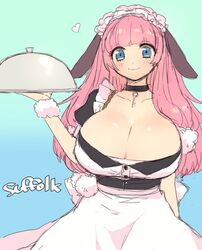  apron aqua_background ariesuzu_(ariessz) arm_behind_back azur_lane bad_id bad_pixiv_id black_choker blue_background blue_eyes blunt_bangs breasts character_name choker cleavage closed_mouth female gradient_background heart holding huge_breasts key long_hair looking_at_viewer maid maid_headdress pink_hair pom_pom_(clothes) puffy_short_sleeves puffy_sleeves short_sleeves smile solo suffolk_(azur_lane) tareme two-tone_background waist_apron white_apron 