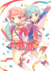  1boy arms_up bad_id bad_pixiv_id blue_eyes blue_hair blush boots braid brother_and_sister buttons confetti crossdressing dorothy_west double-breasted epaulettes female flag hair_ornament holding holding_hands idol interlocked_fingers jumping knee_boots long_sleeves looking_at_viewer miniskirt nekoto_rina open_mouth otoko_no_ko pennant pink_hair pleated_skirt pretty_series pripara red_eyes reona_west ribbon short_hair siblings skirt smile star_(symbol) star_hair_ornament twins wings 