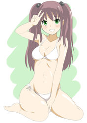  bikini blush breasts brown_hair cleavage commentary_request female ginjyasei green_eyes grin long_hair looking_at_viewer medium_breasts navel okamoto_miyu shiny_skin side-tie_bikini_bottom sitting smile solo swimsuit twintails v wake_up_girls! wariza white_bikini 