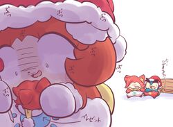  2018 ambiguous_gender anthro bells_(cocotama) blush blush_stickers bodily_fluids clothed clothing cocotama costume dialogue exclamation_point group heaton_(cocotama) himitsu_no_cocotama japanese_text mammal nettsuu open_mouth pokarin_(cocotama) santa_costume scared semi-anthro simple_background solo_focus sweat text tongue translated white_background 