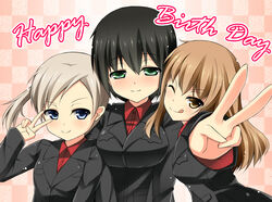  3girls :q birthday black_hair black_jacket blonde_hair blue_eyes breast_pocket brown_eyes brown_hair checkered_background commentary_request fernandia_malvezzi green_eyes happy_birthday jacket kuragari looking_at_viewer luciana_mazzei martina_crespi military military_uniform multiple_girls one_eye_closed pink_background pocket ponytail red_shirt shirt side_ponytail smile strike_witches:_kurenai_no_majo-tachi tongue tongue_out uniform v world_witches_series 