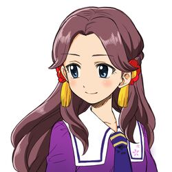  aikatsu! aikatsu!_(series) blue_eyes blush brown_hair commentary_request female flower fujiwara_miyabi_(aikatsu!) hair_flower hair_ornament himezakura_girls&#039;_academy_school_uniform koyama_shigeru long_hair looking_away school_uniform simple_background smile solo upper_body white_background 