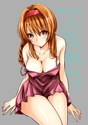  bad_id bad_pixiv_id braid breasts cleavage collarbone copyright_name d-frag! female hairband harino646 large_breasts long_hair off_shoulder orange_eyes orange_hair photoshop_(medium) single_braid sleeveless solo takao_(d-frag!) 