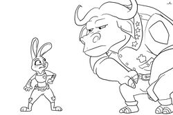  3:2 anthro black_and_white bovid bovine cape_buffalo chief_bogo clothed clothing disney duo female hi_res horn jake_lion judy_hopps lagomorph leporid male mammal monochrome police rabbit simple_background size_difference uniform zootopia 