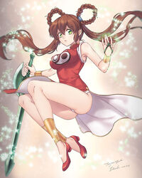  armpits artist_name ass bare_shoulders bracelet braid braided_hair_rings breasts brown_hair china_dress chinese_clothes closed_mouth collared_dress commentary dated dress female full_body gradient_background green_eyes hair_between_eyes hair_rings highres holding holding_weapon jewelry large_breasts legs legs_up light_particles long_hair long_legs looking_at_viewer mamono_hunter_youko mano_youko no_legwear panties pantyshot photoshop_(medium) red_dress red_footwear shoes side_slit sidelocks sleeveless sleeveless_dress solo sword tenjou_tsuki twintails underwear upskirt very_long_hair weapon white_panties yin_yang 