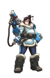  absurdres arnold_tsang beads belt black-framed_eyewear blue_gloves boots brown_eyes brown_hair coat drone female full_body fur_boots fur_coat glasses gloves gun hair_bun hair_ornament hair_stick highres holding holding_weapon leggings mei_(overwatch) official_art overwatch overwatch_1 print_leggings robot short_hair single_hair_bun snowball_(overwatch) solo transparent_background utility_belt weapon winter_clothes 