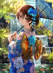  alternate_costume blue_flower blue_kimono blue_umbrella brown_eyes brown_hair cod commentary_request day duplicate expressionless female fish floral_print flower forest from_behind fuzichoco hair_between_eyes hair_flower hair_ornament holding holding_umbrella japanese_clothes kaga_(kancolle) kantai_collection kimono koi long_sleeves looking_at_viewer looking_back nature obi oil-paper_umbrella outdoors peony_print pixel-perfect_duplicate rock sash short_hair side_ponytail solo tree umbrella water waterfall wide_sleeves yukata 