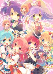  &gt;_&lt; 1boy 4-fingers_heart_hands 6+girls :q ahoge bad_id bad_pixiv_id blonde_hair blue_eyes blue_hair blush bow braid brother_and_sister brown_eyes brown_hair chains character_request chibi closed_eyes collar cone_hair_bun detached_collar detached_sleeves dorothy_west double_bun frills green_eyes hair_bun hair_ornament hairbow hat heart heart_hair_ornament heart_hands heart_in_heart_hands highres hojo_sophy holding_hands idol japanese_clothes kimono kimono_skirt long_hair looking_at_viewer manaka_laala minami_mirei mini_hat mini_top_hat multiple_girls nekoto_rina oerba_yun_fang one_eye_closed open_mouth otoko_no_ko pink_hair pretty_series pripara puffy_detached_sleeves puffy_sleeves purple_eyes purple_hair red_hair reona_west short_hair siblings side_ponytail smile sparkle tongue tongue_out top_hat toudou_shion treble_clef twins twintails v wrist_cuffs yellow_eyes 