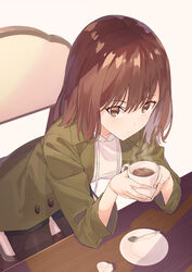  bad_id bad_pixiv_id black_pantyhose black_shorts breasts brown_eyes brown_hair brown_jacket chair closed_mouth coffee coffee_milk coffee_mug cup dot_nose female fingernails holding holding_cup jacket k-me looking_at_viewer medium_breasts medium_hair milk mug original pantyhose plate shirt shorts simple_background sitting skirt solo spoon steam table teaspoon white_background white_shirt wood wooden_table 