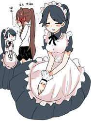  2girls :&gt; ? alternate_costume apron black_hair blush blush_stickers brown_hair closed_eyes commentary_request covering_face dress enmaided flower full-face_blush hair_flower hair_ornament hands_on_lap high_ponytail houshou_(kancolle) kantai_collection long_hair looking_at_another looking_up maid maid_headdress multiple_girls neck_ribbon no_headwear ponytail ribbon smile solo_focus translated v_arms very_long_hair wing_collar wrist_cuffs yamato_(kancolle) yoichi_(umagoya) |_| 