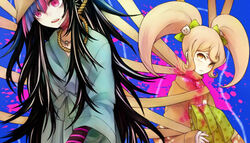  2girls bandages barbell_piercing black_hair blonde_hair blood blood_stain blue_background bookcage bow commentary_request danganronpa_(series) danganronpa_2:_goodbye_despair death hairbow hospital_gown japanese_clothes kimono lip_piercing long_hair mioda_ibuki multicolored_hair multiple_girls open_mouth orange_eyes photoshop_(medium) piercing pink_blood pink_eyes pink_hair saionji_hiyoko spoilers strangling tears twintails yellow_eyes 