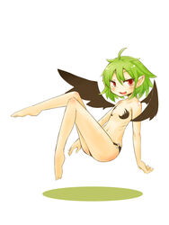  ahoge blush breasts commentary_request demon_girl female full_body green_hair midriff navel oerba_yun_fang photoshop_(medium) plantar_flexion pointy_ears red_eyes ribs sakuma_(yuuutsu-kun_to_succubus-san) small_breasts smile solo torikichi_(tsukikuma_enthalpy) wings yuuutsu-kun_to_succubus-san 