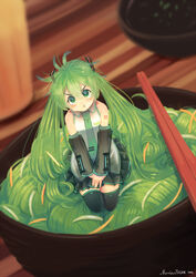  2014 :t artist_name bad_id bad_pixiv_id bowl chopsticks commentary detached_sleeves female food green_eyes green_hair hatsune_miku in_food long_hair mini_person minigirl necktie pout projecttiger see-through skirt solo thighhighs twintails very_long_hair vocaloid 