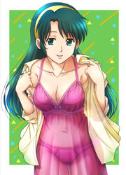  ass_visible_through_thighs bra breasts chemise cleavage collarbone commentary_request cowboy_shot crotch_seam dress_shirt female frilled_bra frilled_panties frills fujii_satoshi green_background green_eyes green_hair lingerie long_hair looking_at_viewer medium_breasts navel no_pants open_clothes open_mouth open_shirt opened_by_self outside_border panties pink_bra pink_chemise pink_panties see-through shirt shoko_(super_real_mahjong) smile solo standing super_real_mahjong thigh_gap thighs underwear undressing white_shirt 