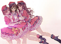  3girls :d absurdres blush breasts brown_eyes brown_hair commentary_request cover cover_page dekitate_evo!_revo!_generation!_(idolmaster) dress earrings flower frills green_eyes has_bad_revision hat high_heels highres honda_mio idolmaster idolmaster_cinderella_girls jewelry large_breasts lips long_hair looking_at_viewer md5_mismatch multiple_girls new_generations_(idolmaster) one_side_up open_mouth ouma_tokiichi peaked_cap photoshop_(medium) resolution_mismatch shibuya_rin shimamura_uzuki short_hair smile source_smaller wrist_cuffs 