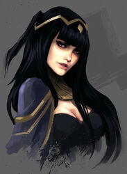  akreon black_cape black_hair blunt_bangs breasts cape circlet cleavage commentary english_commentary female fire_emblem fire_emblem_awakening grey_background lips long_hair looking_at_viewer medium_breasts nose parted_lips photoshop_(medium) pink_eyes pink_lips realistic solo tharja_(fire_emblem) two_side_up upper_body 