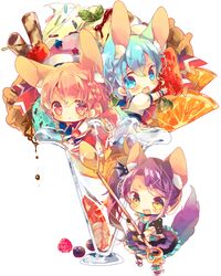  1boy 2girls animal_ears bad_id bad_pixiv_id berry blue_eyes blue_hair blush braid cherry chibi dessert dorothy_west food fruit glass holding in_food kemonomimi_mode long_hair looking_at_viewer multiple_girls nekoto_rina oerba_yun_fang open_mouth orange_(fruit) orange_slice otoko_no_ko parfait pink_eyes pink_hair pretty_series pripara purple_hair rabbit_ears raspberry reona_west short_hair side_ponytail simple_background spoon strawberry tail toudou_shion white_background yellow_eyes 