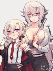  2girls alternate_costume ariesuzu_(ariessz) artist_name azur_lane bare_shoulders black_ribbon black_skirt blonde_hair bra bra_peek breasts cleavage closed_mouth collarbone collared_shirt commentary_request crossed_bangs dated detached_sleeves dress_shirt empty_eyes eyebrows eyelashes fingernails fur_collar graf_zeppelin_(azur_lane) grey_background grey_bra hair_between_eyes hair_over_shoulder hair_ribbon holding holding_pointer large_breasts lips long_fingernails long_hair long_sleeves looking_at_viewer low_ponytail multiple_girls nail_polish necktie pink_eyes pink_hair pink_lips pink_pupils pointer ponytail red_nails red_necktie ribbon school_uniform shirt silhouette skirt sleeveless sleeveless_shirt smile suspenders teacher underwear very_long_hair white_hair white_shirt z1_leberecht_maass_(&quot;rebellious&quot;_top_student)_(azur_lane) z1_leberecht_maass_(azur_lane) 