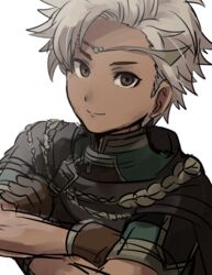  1boy boey_(fire_emblem) brown_eyes cape circlet commentary_request crossed_arms dark-skinned_male dark_skin fire_emblem fire_emblem_echoes:_shadows_of_valentia gloves kometubu0712 male_focus simple_background upper_body white_background white_hair 