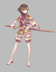  braid brown_eyes brown_hair commentary_request female gloves highres ryouku short_hair solo sword thighhighs weapon 