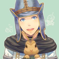  androgynous animal blue_eyes blush commentary_request dragon&#039;s_dogma dragon&#039;s_dogma_(series) gender_request hat head_tilt holding holding_animal lowres open_mouth pawn_(dragon&#039;s_dogma) rabbit ritsu_(0015-xxxlxxxr) scarf smile solo 