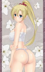  ahoge ass blonde_hair blue_eyes blush breasts commentary_request female flower fundoshi hair_ornament highres japanese_clothes jeanne_kaguya_d&#039;arc large_breasts long_hair looking_back nanikairu nobunaga_the_fool ponytail sarashi shiny_skin skindentation solo standing 