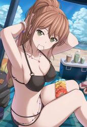  armpits arms_up bad_id bad_twitter_id bang_dream! bangle bare_arms bare_legs beach bikini black_bikini blue_sky blurry blurry_background blush bottle bracelet breasts brown_hair cleavage cloud collarbone commentary_request cooler cup day earrings female flower green_eyes hair_between_eyes hair_tie_in_mouth highres imai_lisa jewelry large_breasts long_hair looking_at_viewer lotion mouth_hold narafume necklace ocean outdoors ponytail sand sandals sidelocks sitting sky smile solo stomach string_bikini swimsuit tying_hair unworn_sandals 