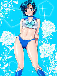  arm_behind_back bishoujo_senshi_sailor_moon blue_background blue_bow blue_choker blue_eyes blue_footwear blue_hair blue_panties blue_sailor_collar blue_theme boots bow bra brooch choker commentary_request earrings female floral_background hand_on_own_arm jewelry knee_boots magical_girl mizuno_ami panties ribbon sailor_collar sailor_mercury sailor_moon_narikiri_bra_set sailor_senshi_uniform sen_(sansui) smile solo sparkle underwear underwear_only 