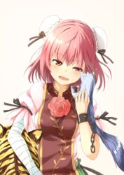  bandaged_arm bandages bluekalmia blush bun_cover commentary_request double_bun female ferret flower hair_bun highres ibaraki_kasen licking licking_another&#039;s_face open_mouth pink_eyes pink_flower pink_hair pink_rose rose short_hair solo tabard tiger touhou 