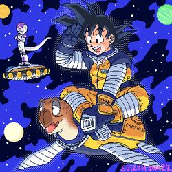  2boys :d animal black_eyes black_hair capsule_corp commentary_request crossed_arms crossed_legs dragon_ball dragon_ball_z frieza full_body gloves happy looking_away lowres male_focus multiple_boys open_mouth planet short_hair sitting sitting_on_animal sky smile son_goku space spacecraft spacesuit spiked_hair standing star_(sky) stargeyser starry_sky tail turtle umigame_(dragon_ball) zipper 