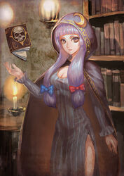  aako alternate_costume arm_at_side blunt_bangs book bookshelf breasts brown_eyes candle candlestand cleavage cloak commentary_request cowboy_shot crescent dress eyelashes female floating hair_ribbon highres hood hooded_cloak large_breasts levitation long_sleeves looking_at_viewer parted_lips patchouli_knowledge photoshop_(medium) purple_hair ribbon runes side_slit sidelocks skull solo standing striped_clothes striped_dress table touhou tress_ribbon vertical_stripes 