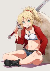  blonde_hair breasts clarent_(fate) commentary_request fate/apocrypha fate_(series) female green_eyes highres kei_(0497) long_hair looking_at_viewer medium_breasts mordred_(fate) mordred_(fate/apocrypha) mordred_(memories_at_trifas)_(fate) navel ponytail simple_background smile solo stone sword weapon 