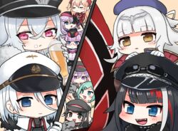  6+girls :3 :d :o admiral_hipper_(azur_lane) alcohol aqua_eyes aqua_hair ariesuzu_(ariessz) azur_lane bad_id bad_pixiv_id banner beer black_eyes black_gloves black_hair black_hat blonde_hair blue_eyes blue_hat blunt_bangs blush chibi closed_mouth commentary_request cross cross_earrings crossed_bangs cup deutschland_(azur_lane) drinking_glass earrings eyebrows eyepatch frown fur_collar garrison_cap gloves gneisenau_(azur_lane) goggles goggles_on_head goggles_on_headwear graf_zeppelin_(azur_lane) grey_hair hair_between_eyes hair_ornament hairclip hand_up hat headgear holding holding_cup imperial_war_flag jewelry long_hair mole mole_under_eye multicolored_hair multiple_girls no_nose oerba_yun_fang open_mouth orange_background peaked_cap pink_eyes purple_eyes purple_hair red-framed_eyewear red_hair reichsadler scharnhorst_(azur_lane) semi-rimless_eyewear sharp_teeth short_hair smile straight_hair swept_bangs teeth tirpitz_(azur_lane) tongue two-tone_hair under-rim_eyewear v-shaped_eyebrows white_gloves white_hair yellow_eyes z19_hermann_kunne_(azur_lane) z20_karl_galster_(azur_lane) z21_(azur_lane) z46_(azur_lane) 