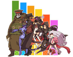  3boys 4girls antenna_hair bare_shoulders black_hair black_panties blonde_hair blunt_bangs cloak commentary_request dva fur_trim galaktika gas_mask gauntlets general_pepel glasses gloves green_eyes grey_hair haruyasai_(sanbunno) hat helmet hoshimiya_kate jimon_asuta long_hair mask midriff military military_uniform morozumi_yasubee mouth_mask multiple_boys multiple_girls natasha_(sekai_seifuku) navel open_mouth panties peaked_cap pickelhaube plamja-sama professor_um purple_eyes red_eyes ribbon roboko_(sekai_seifuku) robot sekai_seifuku:_bouryaku_no_zvezda shikabane_gorou shikabane_itsuka smile star_(symbol) stuffed_toy sword underwear uniform unworn_mask venera-sama very_long_hair weapon 