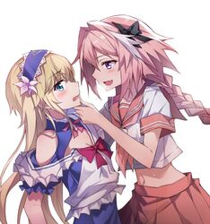  1boy androgynous astolfo_(fate) astolfo_(sailor_paladin)_(fate) blue_dress blue_eyes blush braid breasts chevalier_d&#039;eon_(fate) chevalier_d&#039;eon_(maid_knight)_(fate) cleavage cleavage_cutout clothing_cutout commentary_request crop_top dress fate/apocrypha fate/grand_order fate_(series) female flower frilled_hairband frills genderswap_(otf) hair_flower hair_intakes hair_ornament hair_ribbon hairband hand_on_another&#039;s_chin long_hair looking_at_another looking_away maid midriff navel nervous oerba_yun_fang official_alternate_costume open_mouth otoko_no_ko pink_hair pleated_skirt purple_eyes red_sailor_collar red_skirt ribbon rule_63 sailor_collar school_uniform serafuku shirt shoulder_cutout simple_background single_braid skirt small_breasts smile straight tsuezu white_background white_shirt 