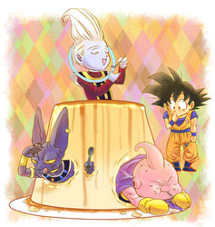  4boys :p animal antennae beerus black_eyes black_hair boots cape chibi closed_eyes commentary_request dessert dougi dragon_ball dragon_ball_super dragon_ball_z dragon_ball_z_kami_to_kami eating fat_buu feline finger_to_mouth fingernails food full_body gloves happy long_sleeves looking_at_another majin_buu male_focus multicolored_background multiple_boys open_mouth plate pudding short_hair smile son_goku spiked_hair spoon stargeyser tall_hair tongue tongue_out whis white_hair 