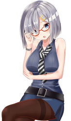  absurdres alternate_costume belt bespectacled blue_eyes breasts commentary_request female glasses grey_hair hair_ornament hairclip hamakaze_(kancolle) highres kantai_collection medium_breasts necktie pantyhose short_hair sin_(kami148) solo thighband_pantyhose 