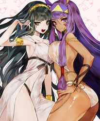  2girls armlet ass bangle black_panties blunt_bangs blush bracelet breast_press breasts cleopatra_(fate) cleopatra_(third_ascension)_(fate) dark-skinned_female dark_skin dress earrings facial_mark fate/grand_order fate_(series) green_eyes green_hair hair_between_eyes hairband hand_on_own_hip hoop_earrings jewelry long_hair looking_at_viewer medium_breasts medjed_(fate) mo_(mocopo) multiple_girls nitocris_(fate) panties purple_eyes purple_hair smile symmetrical_docking tucking_hair underwear very_long_hair white_dress white_panties 