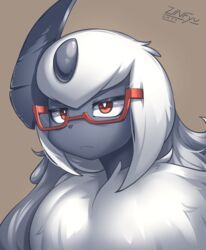  2017 absol absurd_res ambiguous_gender chest_tuft digital_media_(artwork) eyewear felid feral fluffy fur generation_3_pokemon glasses grey_body grey_face grey_fur hair hi_res kemono lute_(zinfyu) mammal nintendo open_top_glasses orange_eyes orange_eyewear orange_glasses pokemon pokemon_(species) red_eyes shaded signature simple_background small_nose solo tan_background third-party_edit tuft white_body white_fur white_hair zinfyu 