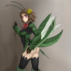  animal_hands antennae arm_blade armor arthropod_girl ass bad_deviantart_id bad_id blush brown_hair commentary female less mantis_(monster_girl_encyclopedia) mantis_girl monster_girl monster_girl_encyclopedia monster_girl_saga no_panties purple_eyes short_hair solo thighhighs vambraces weapon 