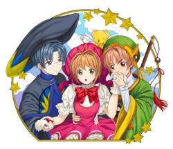  2boys blue_eyes blue_hair blush border bow boy_sandwich brown_eyes brown_hair cardcaptor_sakura cloud cloudy_sky commentary_request dress female gloves green_eyes hand_grab hat highres hiiragizawa_eriol holding_hands kero_(cardcaptor_sakura) kinomoto_sakura kinomoto_sakura_(magic_dream_costume) kissing kissing_hand li_syaoran looking_at_another looking_at_viewer mascot multiple_boys open_mouth parted_bangs sandwiched sky star_(symbol) transparent_background waist_hold white_gloves yellow_border zaike 