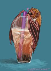  2018 ambiguous_gender bat beverage blue_background brown_body brown_fur bubble_tea closed_eyes container cup eating feral fur happy hi_res mammal membrane_(anatomy) membranous_wings orange_body orange_fur racecarart sharp_teeth simple_background solo straw_(disambiguation) tea teeth wings 