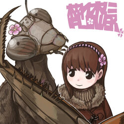  aizawa_sachi animal black_eyes brown_hair bug coat commentary_request female flower fur_trim hair_flower hair_ornament hairband jacket long_hair looking_at_another original oversized_animal oversized_insect praying_mantis simple_background smile translation_request turtleneck white_background 