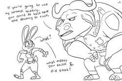  3:2 anthro black_and_white bovid bovine cape_buffalo chief_bogo clothed clothing dialogue disney duo english_text female hi_res horn jake_lion judy_hopps lagomorph leporid male mammal monochrome police rabbit simple_background size_difference text uniform zootopia 